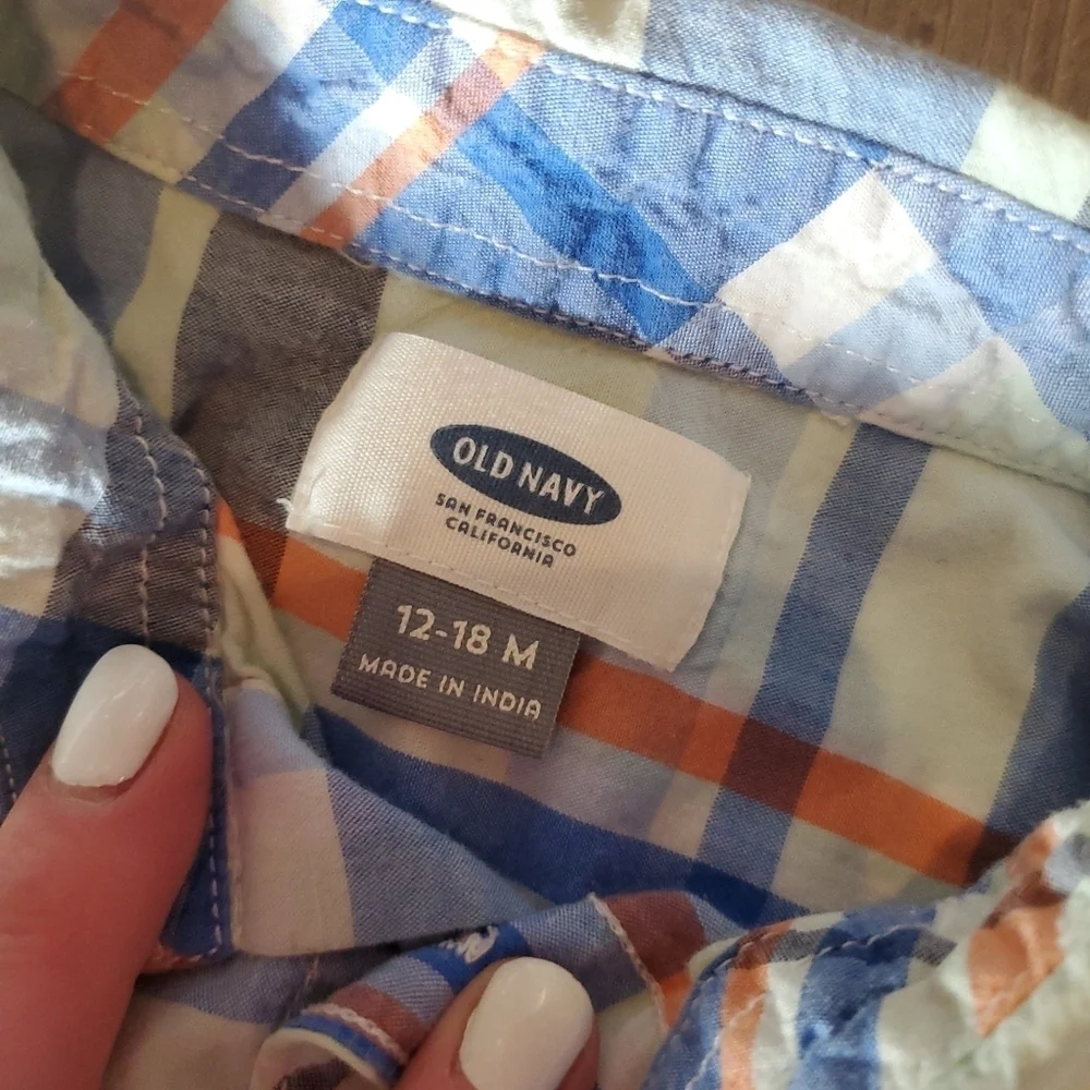 Old Navy Boys 12-18m Plaid Button Down Shirt Blue Orange EUC